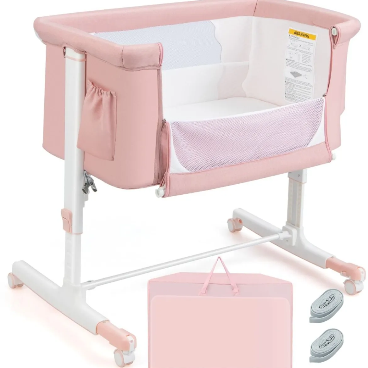 3 in 1 Beistellbett & Babywiege & Reisebett 5-stufig Höhenverstellbares Babybett Rosa/Beige/Grau/Hellgrau