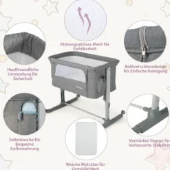 3 in 1 Beistellbett & Babywiege & Reisebett 5-stufig Höhenverstellbares Babybett Rosa/Beige/Grau/Hellgrau