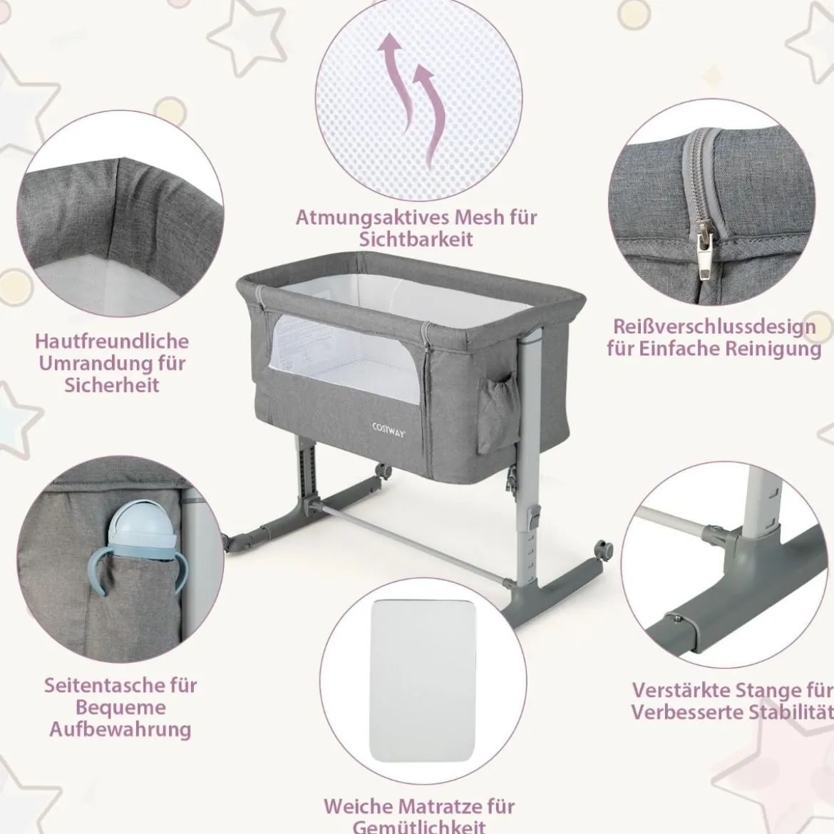 3 in 1 Beistellbett & Babywiege & Reisebett 5-stufig Höhenverstellbares Babybett Rosa/Beige/Grau/Hellgrau