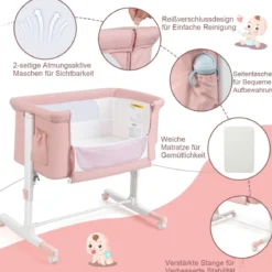 3 in 1 Beistellbett & Babywiege & Reisebett 5-stufig Höhenverstellbares Babybett Rosa/Beige/Grau/Hellgrau