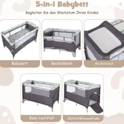 5 in 1 Beistellbett klappbar Reisebett mit Matratze 2 Ebene Babybett mit Rollen Beige/Grau/Braun