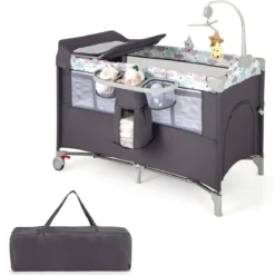 5 in 1 Beistellbett klappbar Reisebett mit Matratze 2 Ebene Babybett mit Rollen Beige/Grau/Braun