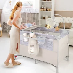 5 in 1 Beistellbett klappbar Reisebett mit Matratze 2 Ebene Babybett mit Rollen Beige/Grau/Braun