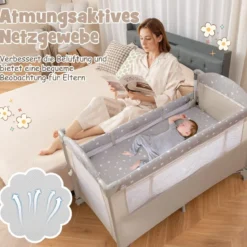 5 in 1 Beistellbett klappbar Reisebett mit Matratze 2 Ebene Babybett mit Rollen Beige/Grau/Braun