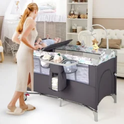 5 in 1 Beistellbett klappbar Reisebett mit Matratze 2 Ebene Babybett mit Rollen Beige/Grau/Braun