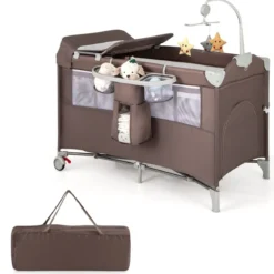 5 in 1 Beistellbett klappbar Reisebett mit Matratze 2 Ebene Babybett mit Rollen Beige/Grau/Braun