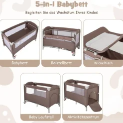 5 in 1 Beistellbett klappbar Reisebett mit Matratze 2 Ebene Babybett mit Rollen Beige/Grau/Braun