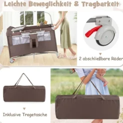 5 in 1 Beistellbett klappbar Reisebett mit Matratze 2 Ebene Babybett mit Rollen Beige/Grau/Braun