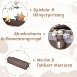 5 in 1 Beistellbett klappbar Reisebett mit Matratze 2 Ebene Babybett mit Rollen Beige/Grau/Braun