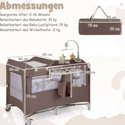 5 in 1 Beistellbett klappbar Reisebett mit Matratze 2 Ebene Babybett mit Rollen Beige/Grau/Braun