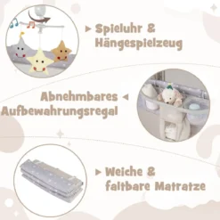 5 in 1 Beistellbett klappbar Reisebett mit Matratze 2 Ebene Babybett mit Rollen Beige/Grau/Braun