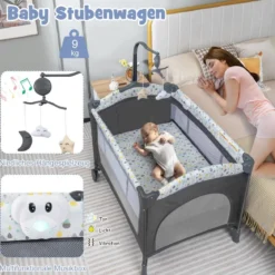3 IN 1 Beistellbett Klappbar Reisebett mit Matratze Hängespielzeug Beige