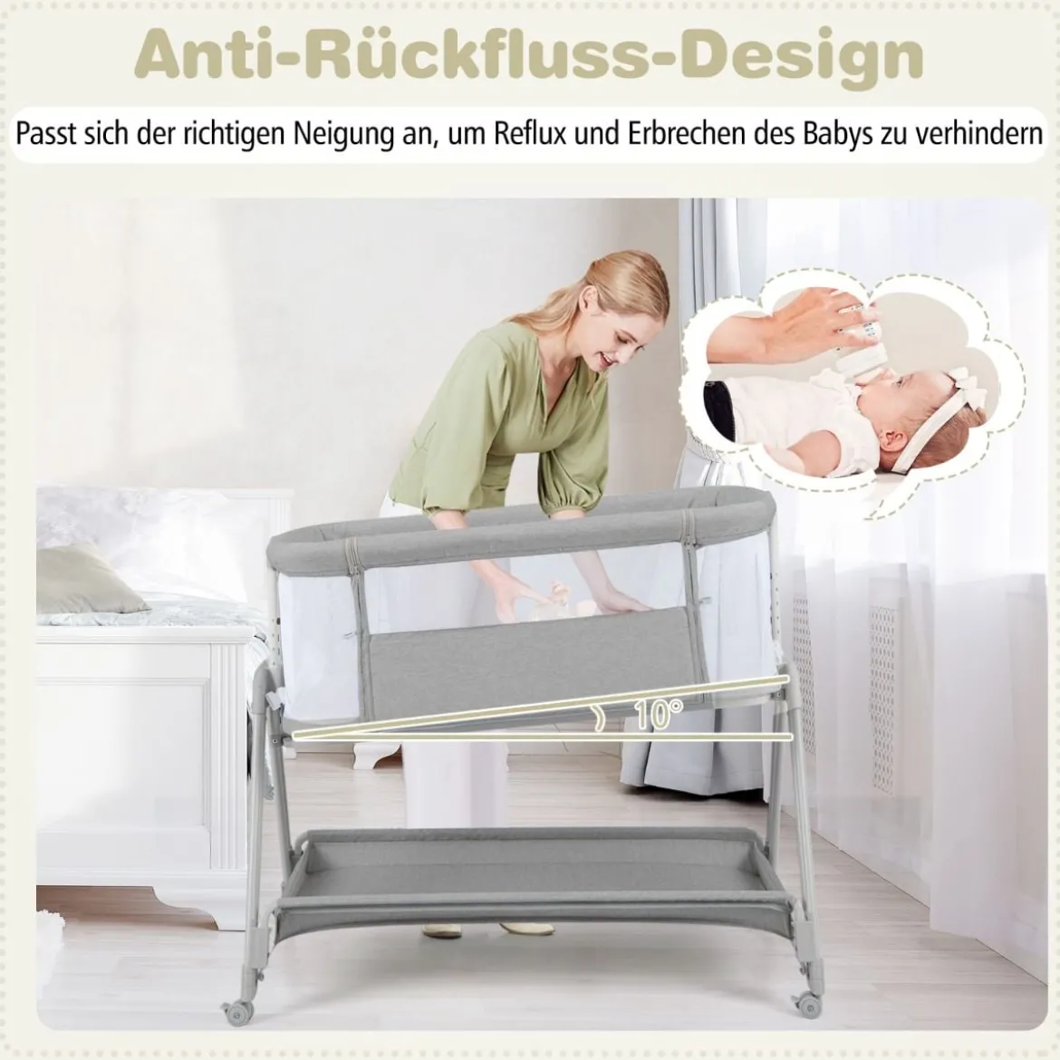 2 in 1 Beistellbett & Stubenwagen mit 7 Verstellbaren Höhen & Matratze & Tragetasche & Gurte