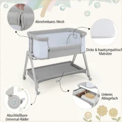 2 in 1 Beistellbett & Stubenwagen mit 7 Verstellbaren Höhen & Matratze & Tragetasche & Gurte