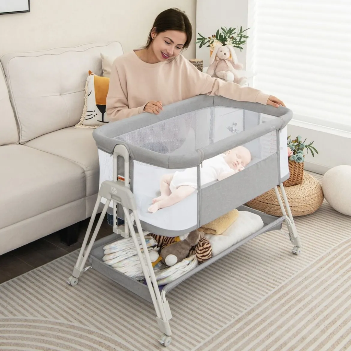 2 in 1 Beistellbett & Stubenwagen mit 7 Verstellbaren Höhen & Matratze & Tragetasche & Gurte