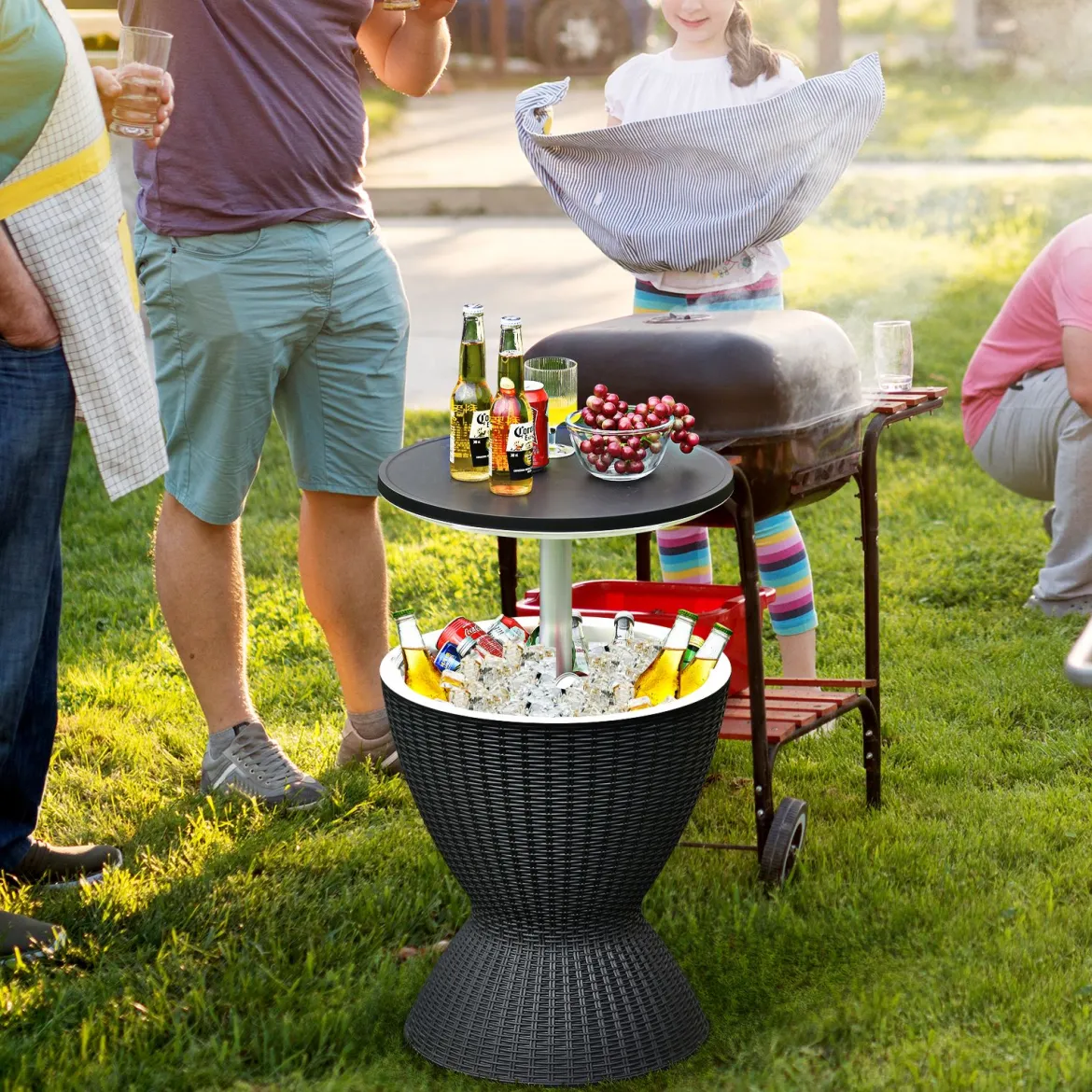 3 in 1 Beistelltisch 30L Kühlbox Hocker Gartentisch höhenverstellbar Eiskühler Schwarz