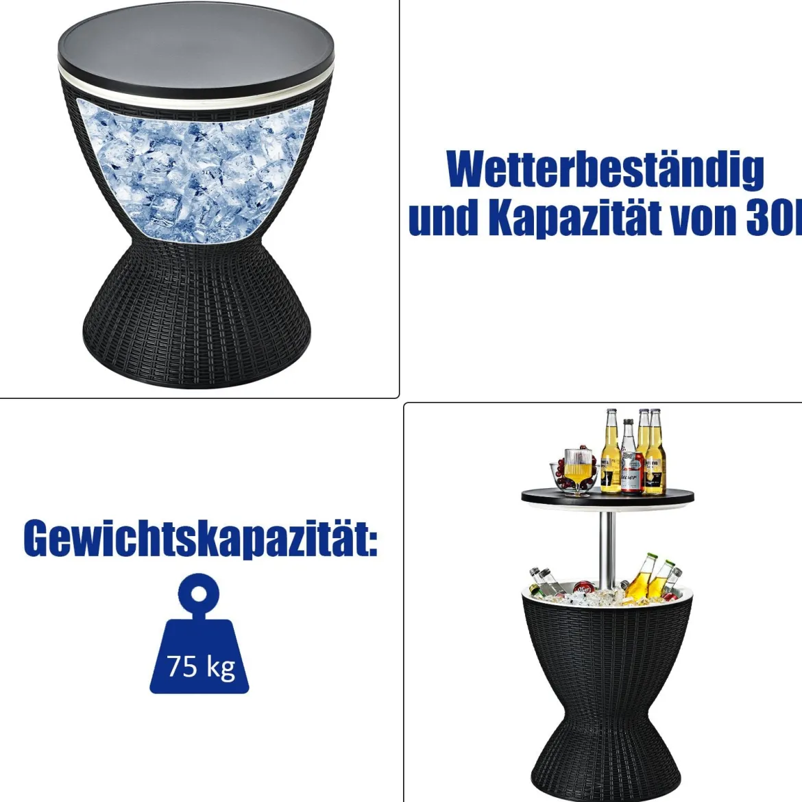 3 in 1 Beistelltisch 30L Kühlbox Hocker Gartentisch höhenverstellbar Eiskühler Schwarz