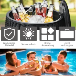 3 in 1 Beistelltisch 45L Kühlbox Hocker Getränkekühler Gartentisch 150KG belastbar Eiskühler Schwarz