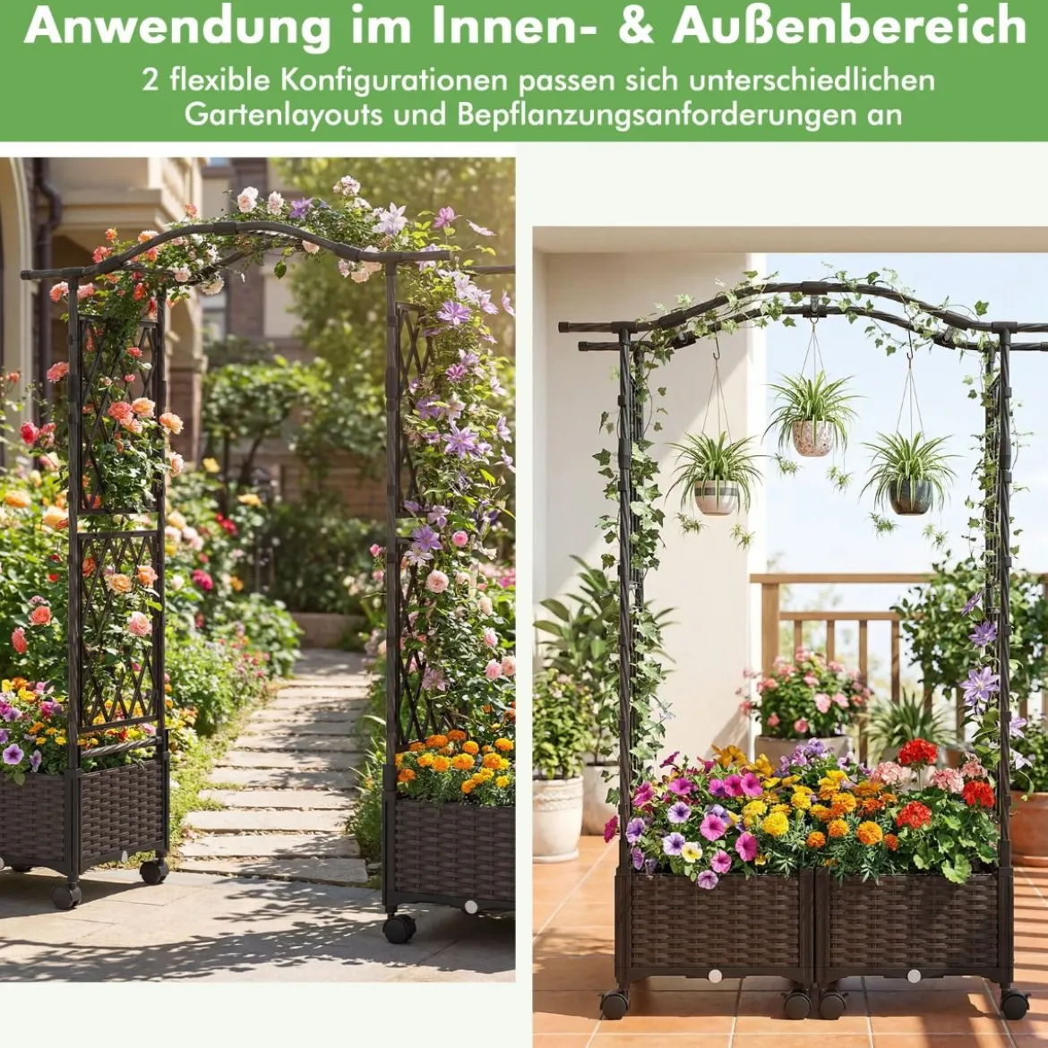 2 in 1 Blumenkasten mit Rankgitter & Hängendem Dach Rosenbogen mit 2 Pflanzkästen Braun