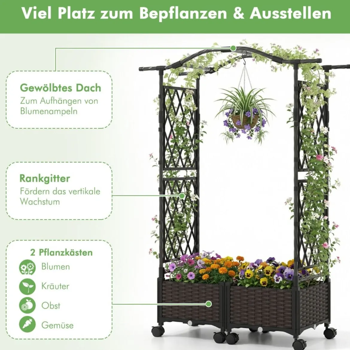 2 in 1 Blumenkasten mit Rankgitter & Hängendem Dach Rosenbogen mit 2 Pflanzkästen Braun