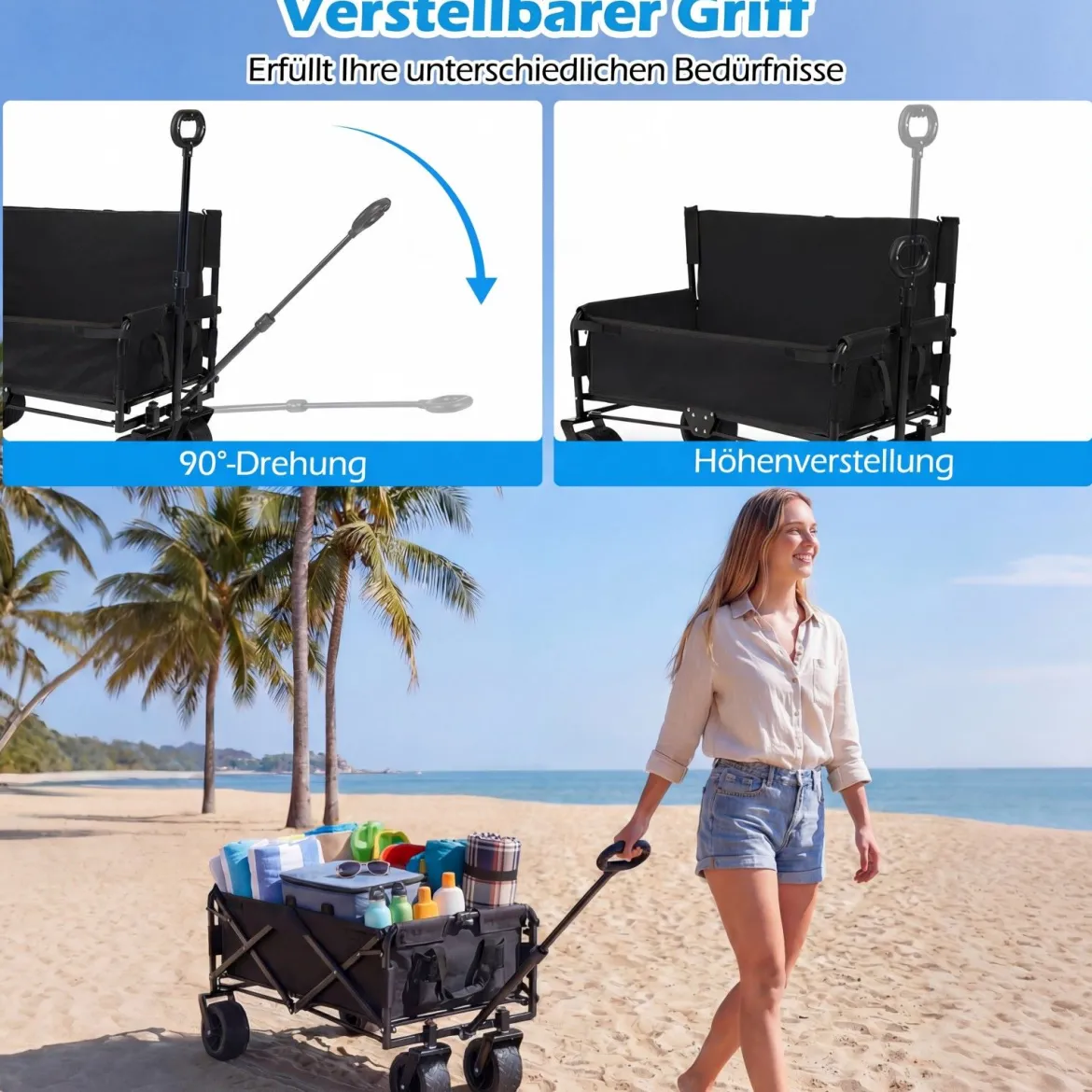 2-in-1 Bollerwagen mit Sitzbank faltbarer Strandwagen mit verstellbarem Schiebe-/Ziehgriff Schwarz