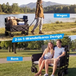 2-in-1 Bollerwagen mit Sitzbank faltbarer Strandwagen mit verstellbarem Schiebe-/Ziehgriff Schwarz