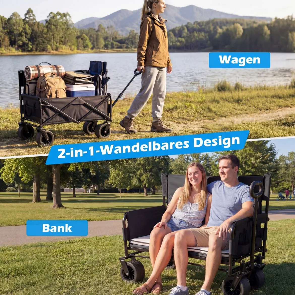 2-in-1 Bollerwagen mit Sitzbank faltbarer Strandwagen mit verstellbarem Schiebe-/Ziehgriff Schwarz