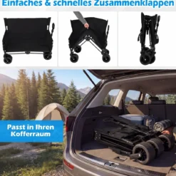 2-in-1 Bollerwagen mit Sitzbank faltbarer Strandwagen mit verstellbarem Schiebe-/Ziehgriff Schwarz