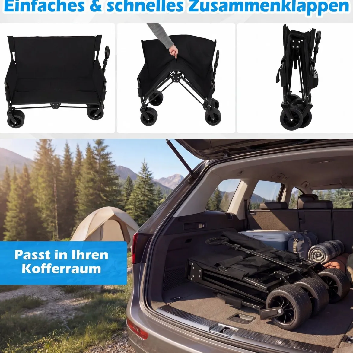 2-in-1 Bollerwagen mit Sitzbank faltbarer Strandwagen mit verstellbarem Schiebe-/Ziehgriff Schwarz