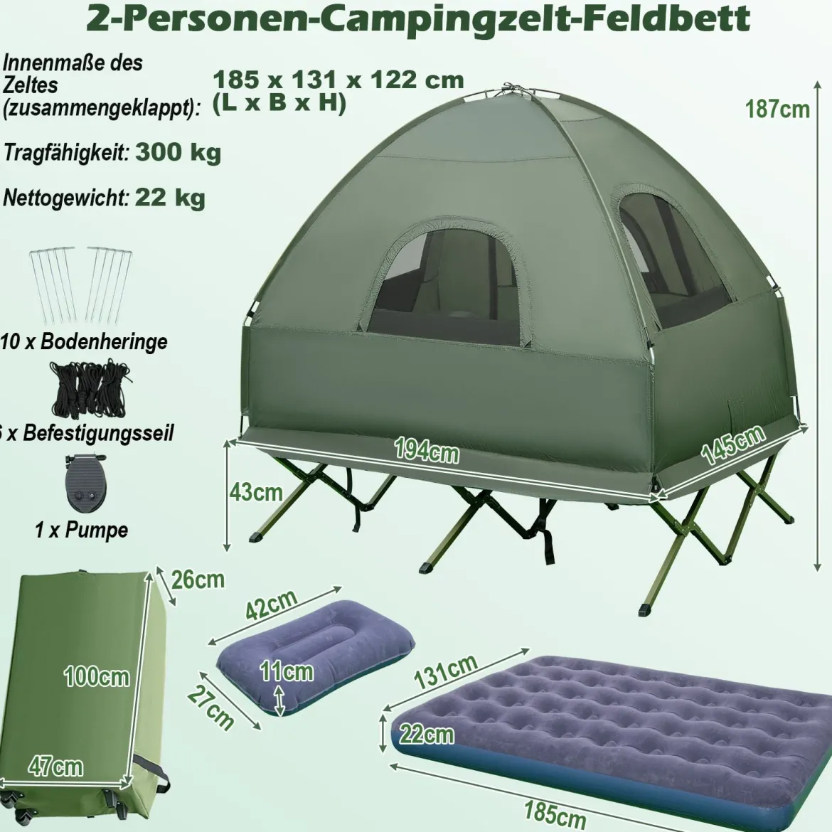5 in 1 Campingzelt Feldbett für 2 Personen Luftmatratze Kissen Schlafsack Tragbar Grün