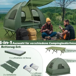 5 in 1 Campingzelt Feldbett für 2 Personen Luftmatratze Kissen Schlafsack Tragbar Grün