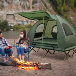5 in 1 Campingzelt Feldbett für 2 Personen Luftmatratze Kissen Schlafsack Tragbar Grün