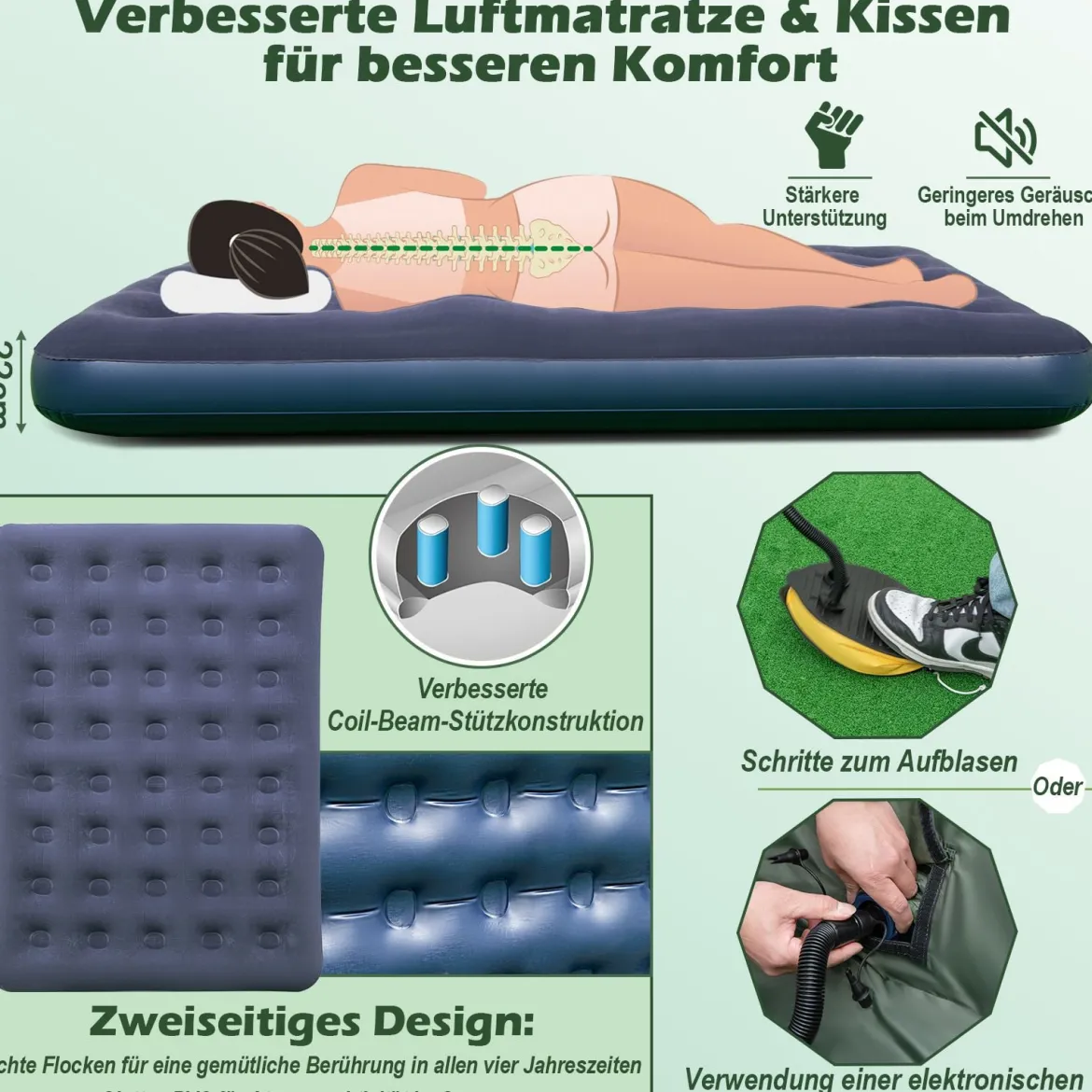 5 in 1 Campingzelt Feldbett für 2 Personen Luftmatratze Kissen Schlafsack Tragbar Grün