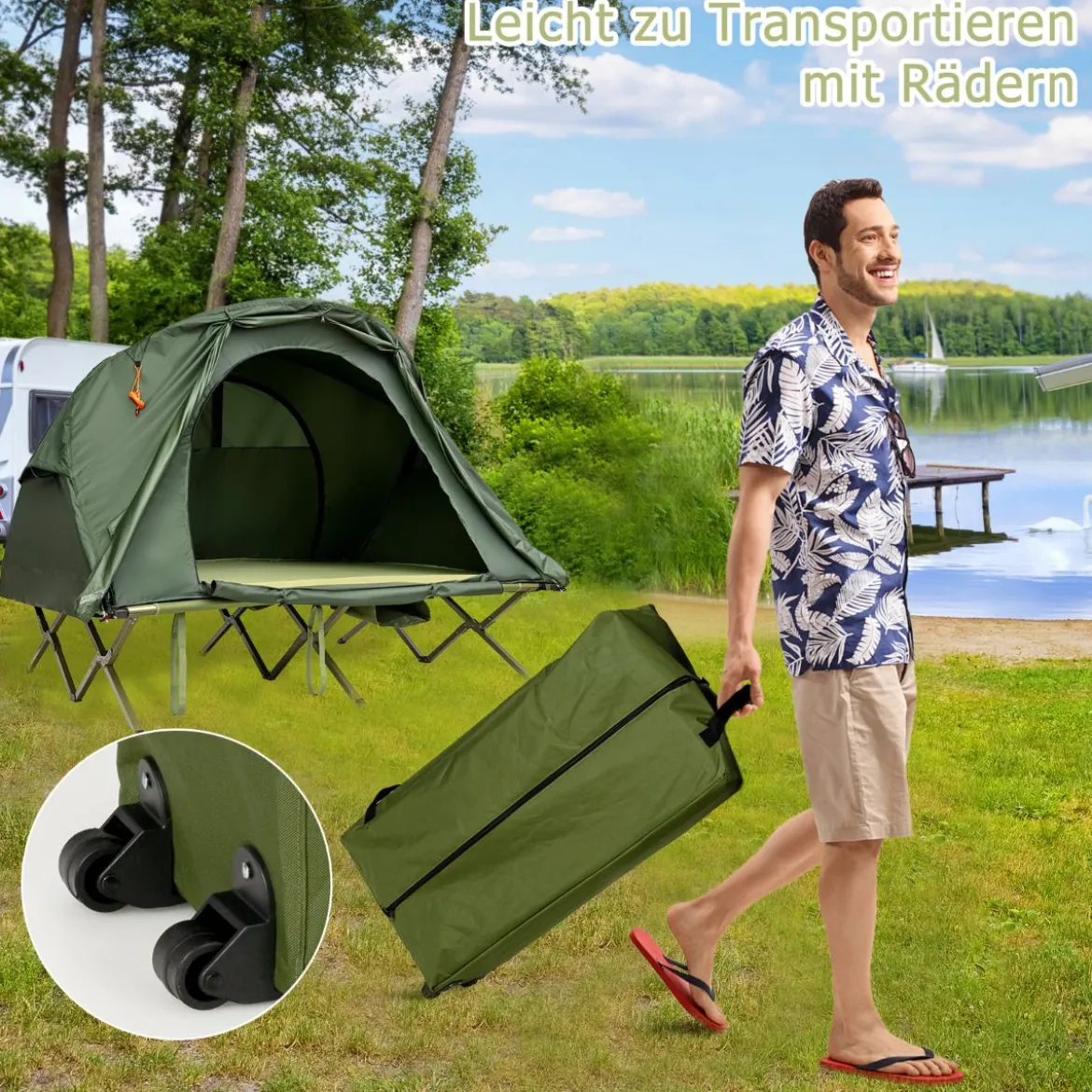 4 in 1 Campingzelt Set für 2 Personen mit Abdeckung und Matratze 194 x 146 x 160 cm Grün