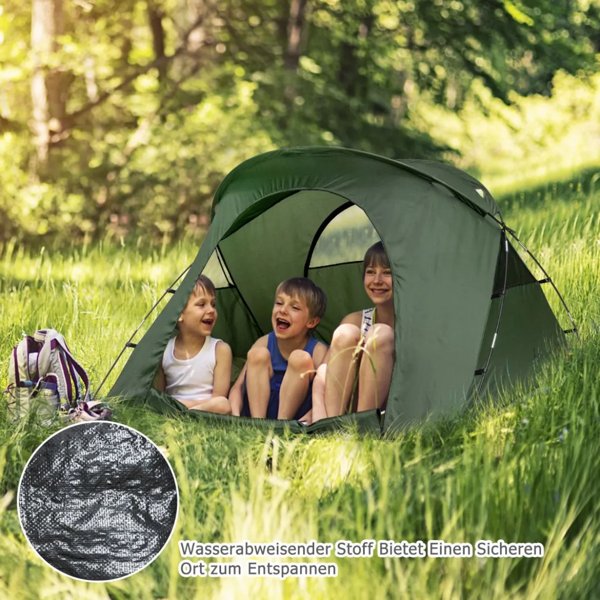 4 in 1 Campingzelt Set für 2 Personen mit Abdeckung und Matratze 194 x 146 x 160 cm Grün