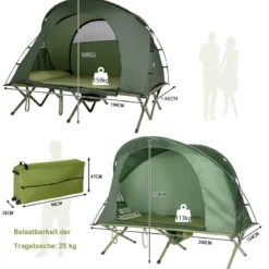 4 in 1 Campingzelt Set für 2 Personen mit Abdeckung und Matratze 194 x 146 x 160 cm Grün