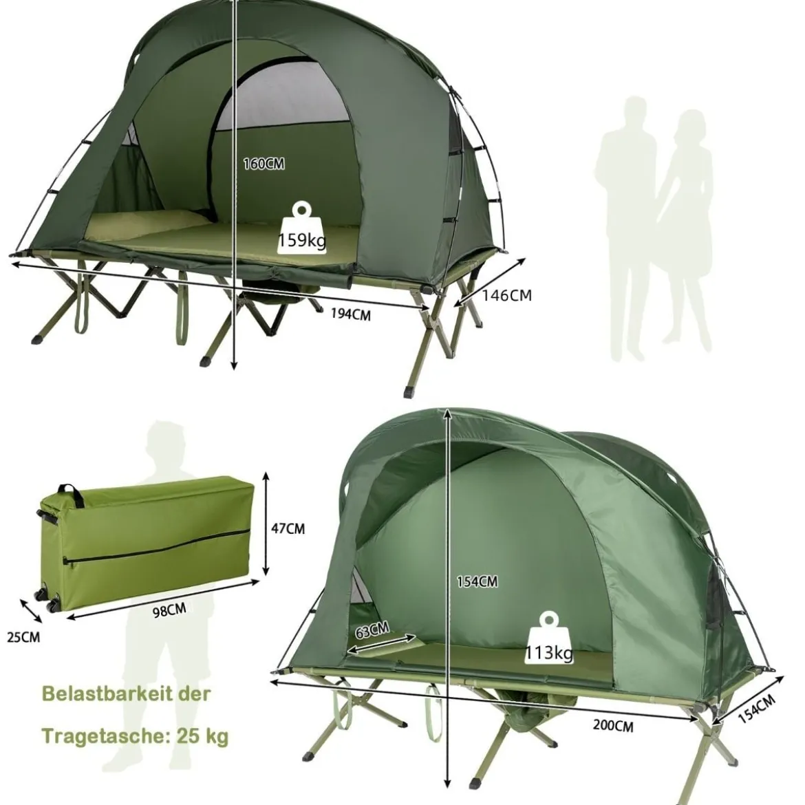4 in 1 Campingzelt Set für 2 Personen mit Abdeckung und Matratze 194 x 146 x 160 cm Grün