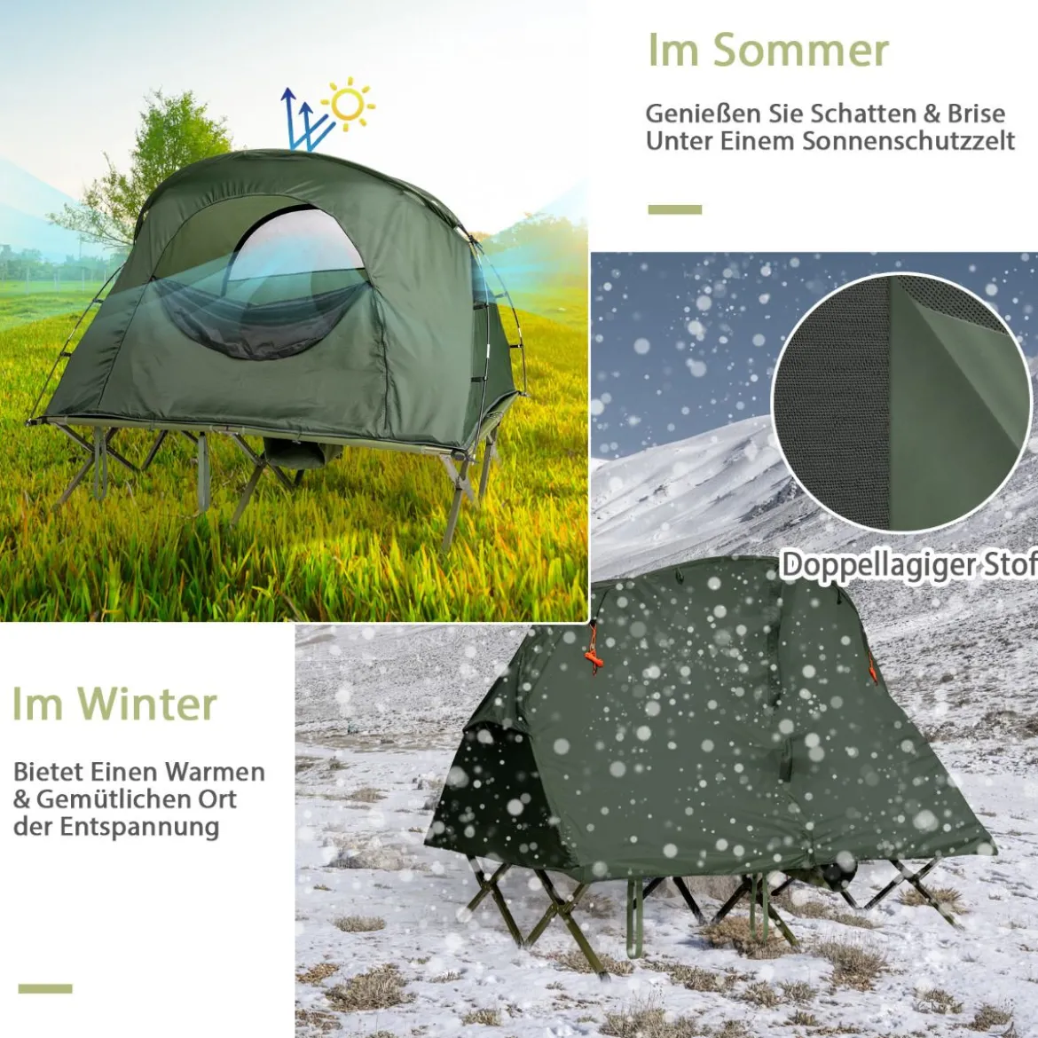 4 in 1 Campingzelt Set für 2 Personen mit Abdeckung und Matratze 194 x 146 x 160 cm Grün
