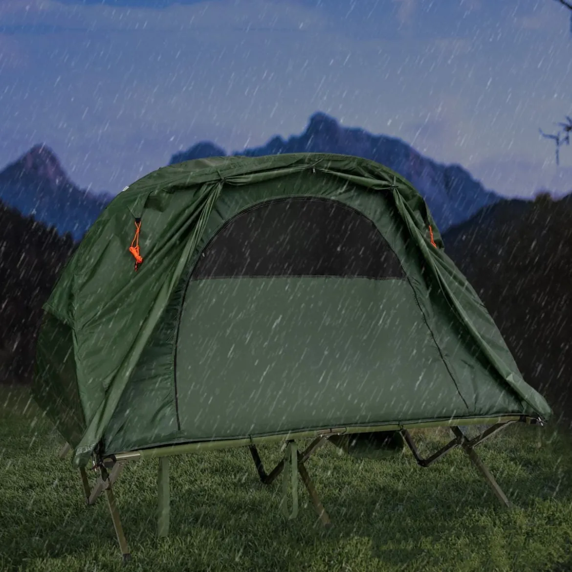 4 in 1 Campingzelt Set für 2 Personen mit Abdeckung und Matratze 194 x 146 x 160 cm Grün