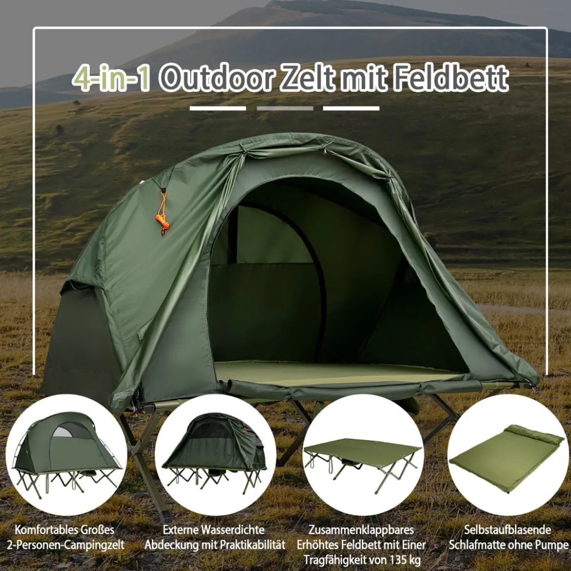 4 in 1 Campingzelt Set für 2 Personen mit Abdeckung und Matratze 194 x 146 x 160 cm Grün
