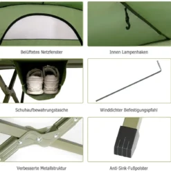 4 in 1 Campingzelt Set für 2 Personen mit Abdeckung und Matratze 194 x 146 x 160 cm Grün