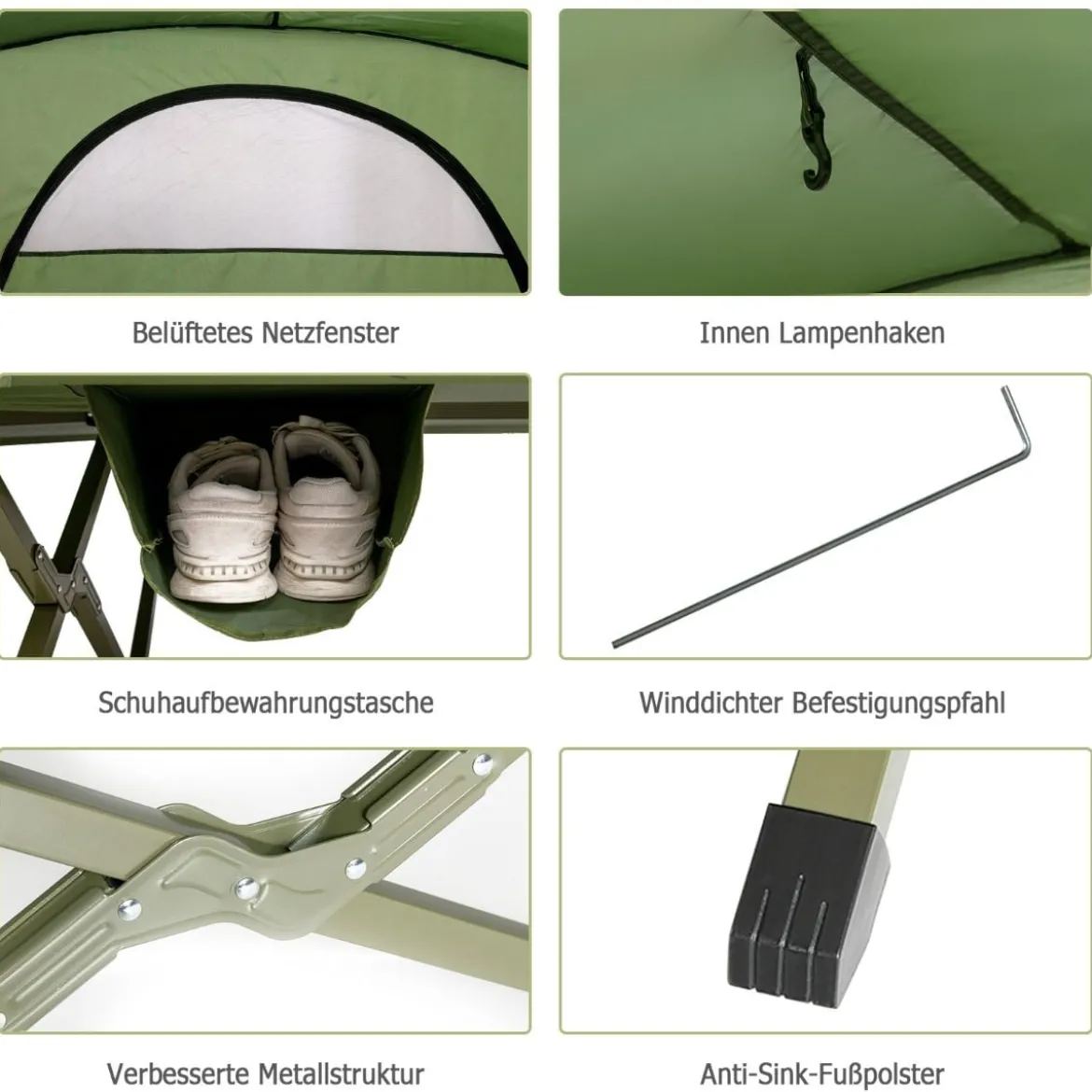 4 in 1 Campingzelt Set für 2 Personen mit Abdeckung und Matratze 194 x 146 x 160 cm Grün