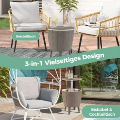 3 in 1 Cool Bar Beistelltisch mit anhebbarer Tischplatte 38L Outdoor Bier- und Weinkühler Braun