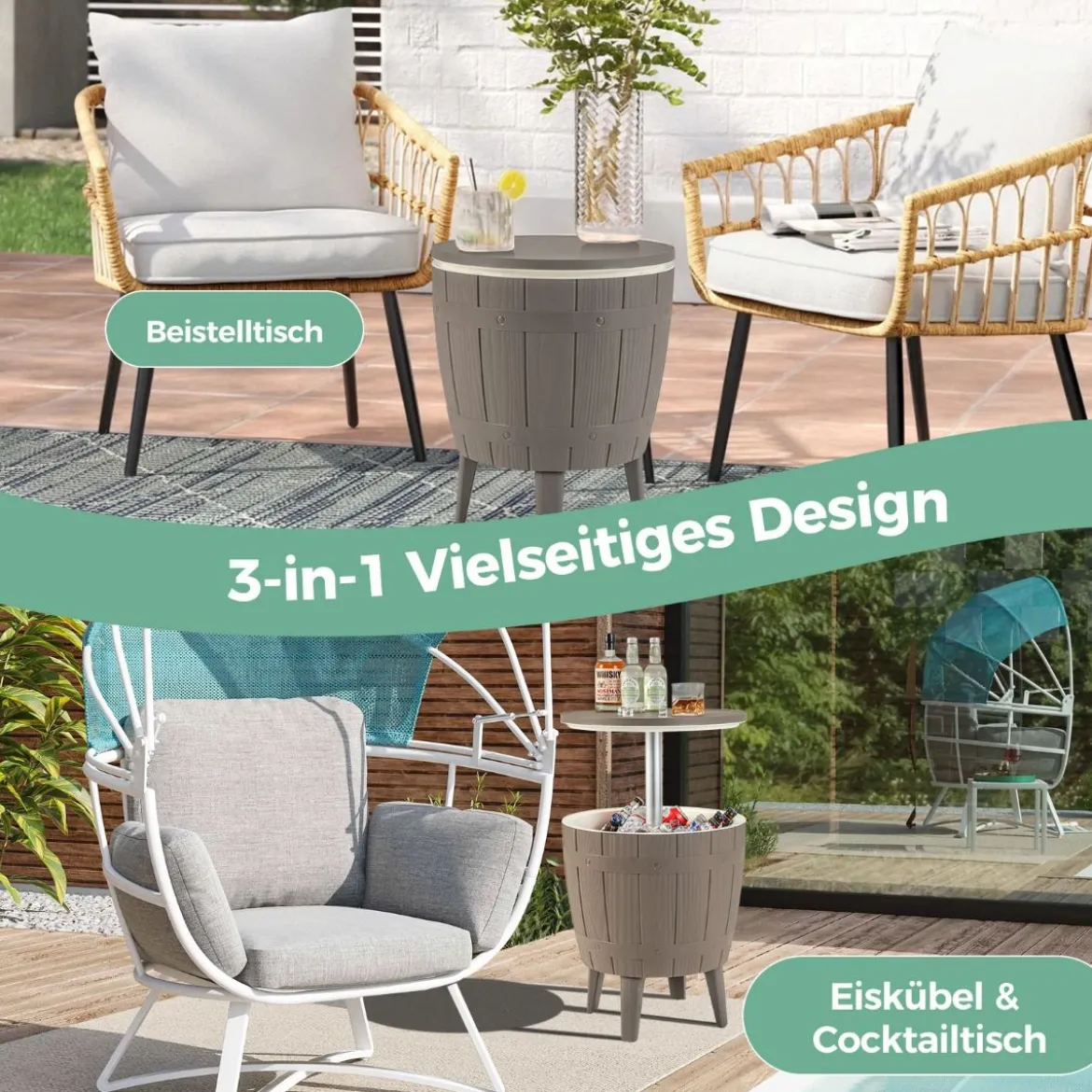 3 in 1 Cool Bar Beistelltisch mit anhebbarer Tischplatte 38L Outdoor Bier- und Weinkühler Braun