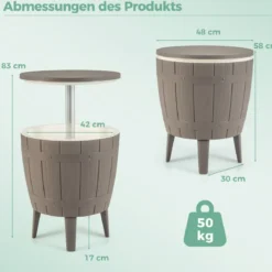 3 in 1 Cool Bar Beistelltisch mit anhebbarer Tischplatte 38L Outdoor Bier- und Weinkühler Braun