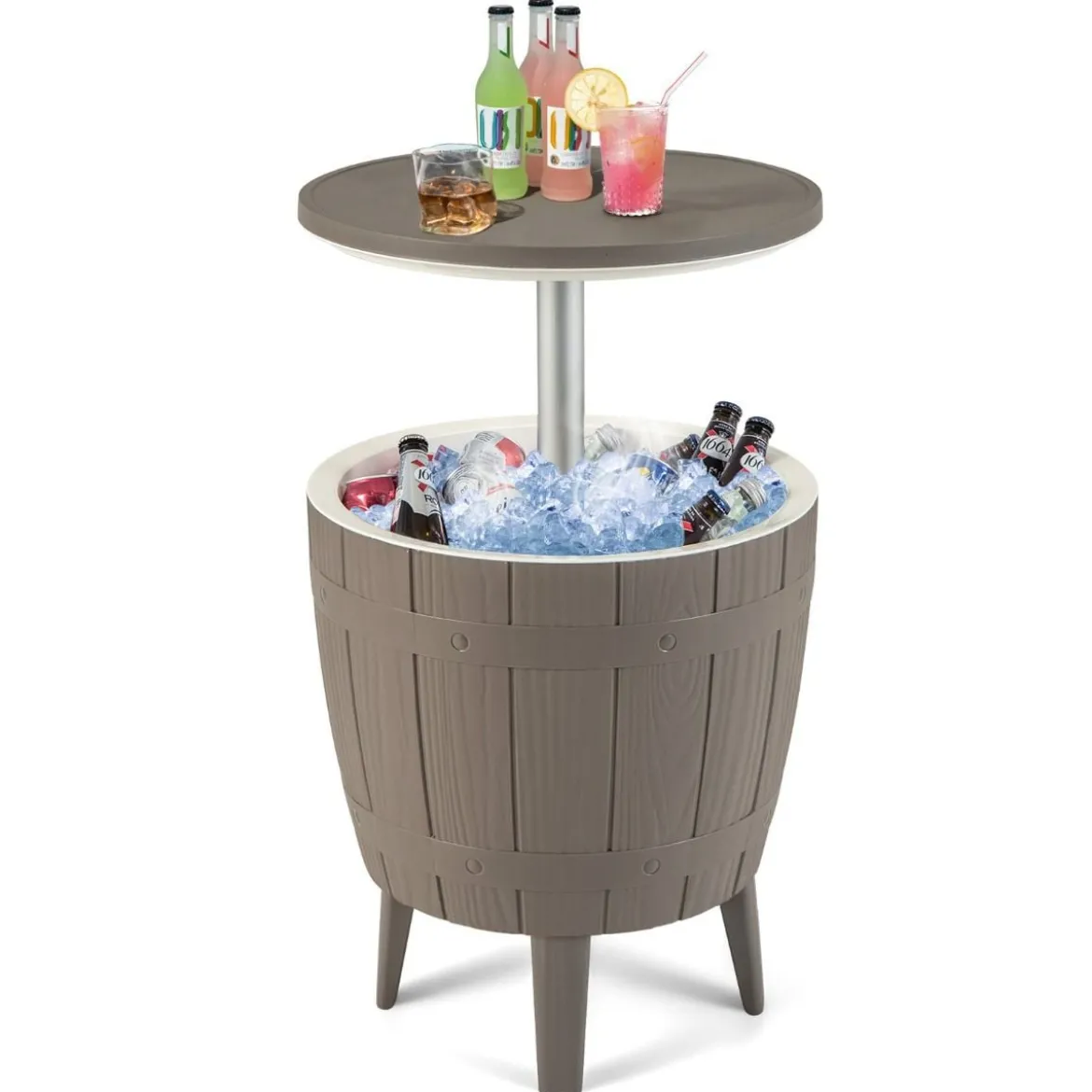 3 in 1 Cool Bar Beistelltisch mit anhebbarer Tischplatte 38L Outdoor Bier- und Weinkühler Braun
