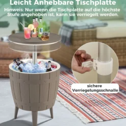 3 in 1 Cool Bar Beistelltisch mit anhebbarer Tischplatte 38L Outdoor Bier- und Weinkühler Braun