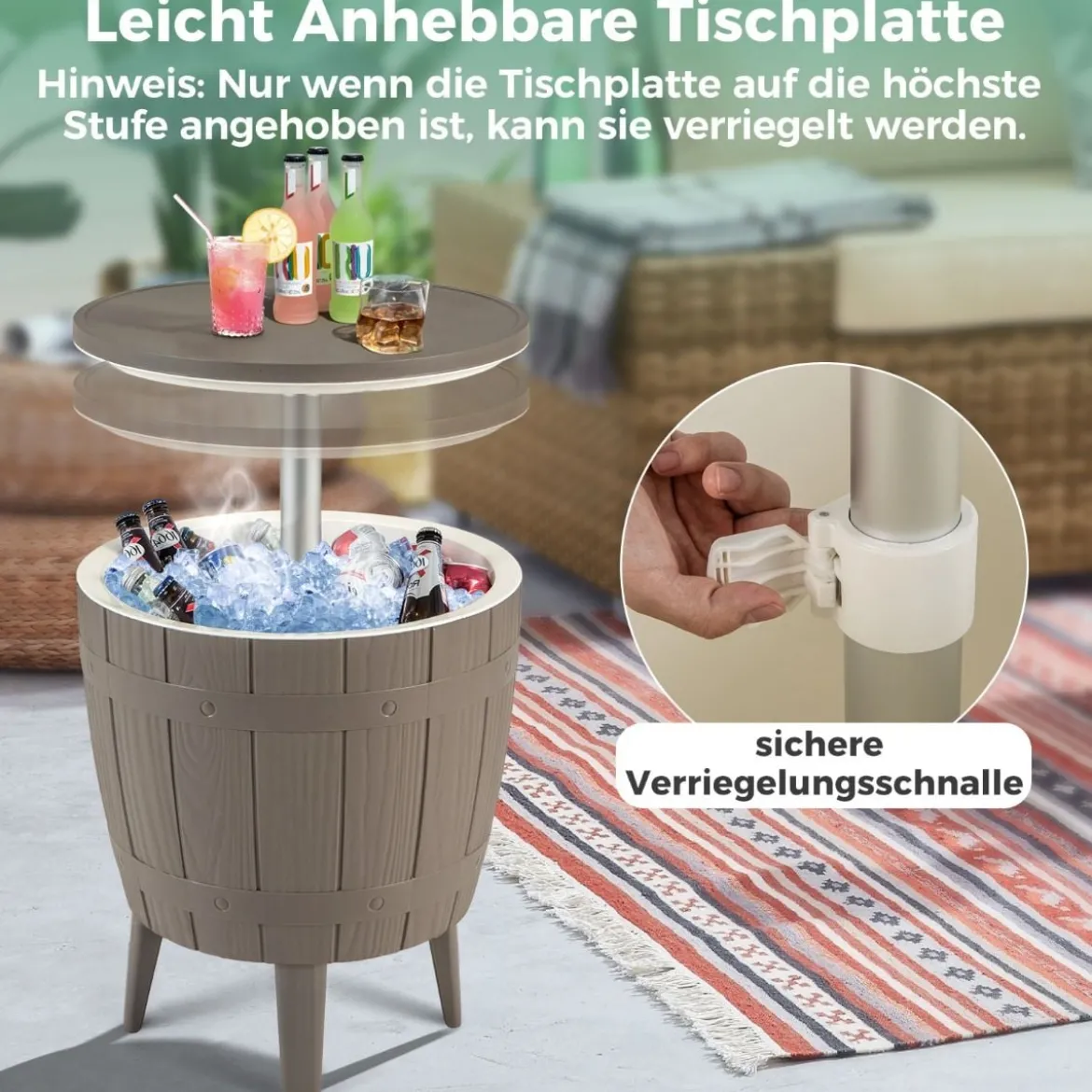 3 in 1 Cool Bar Beistelltisch mit anhebbarer Tischplatte 38L Outdoor Bier- und Weinkühler Braun