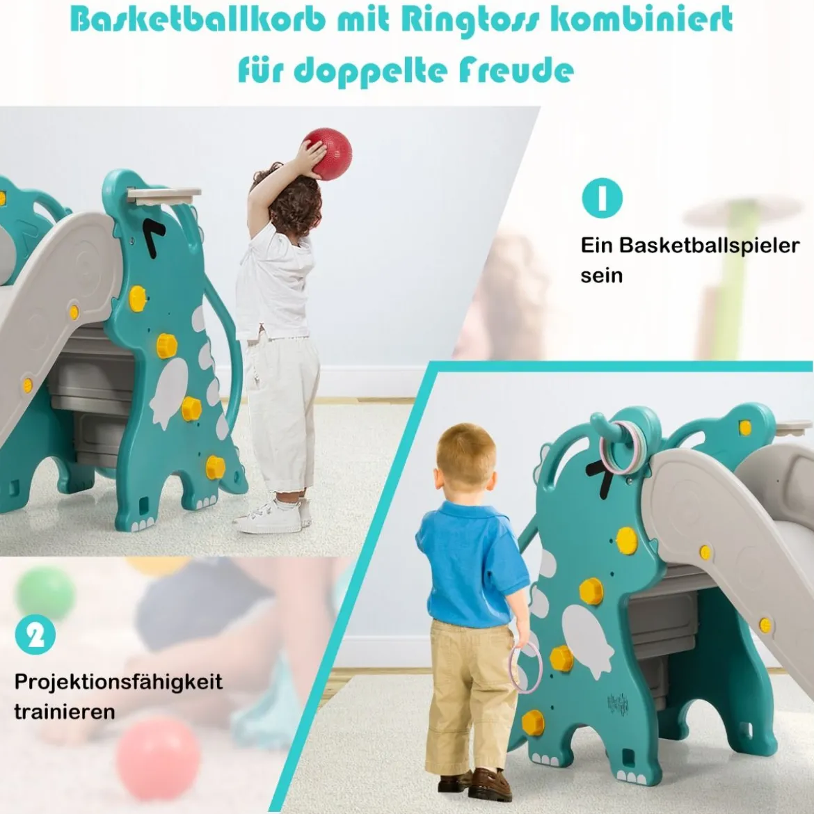 4-in-1-Dinosaurierrutsche Spielset zum Klettern & Rutschen für Babys mit Basketballkorb 188 x 65 x 80 cm