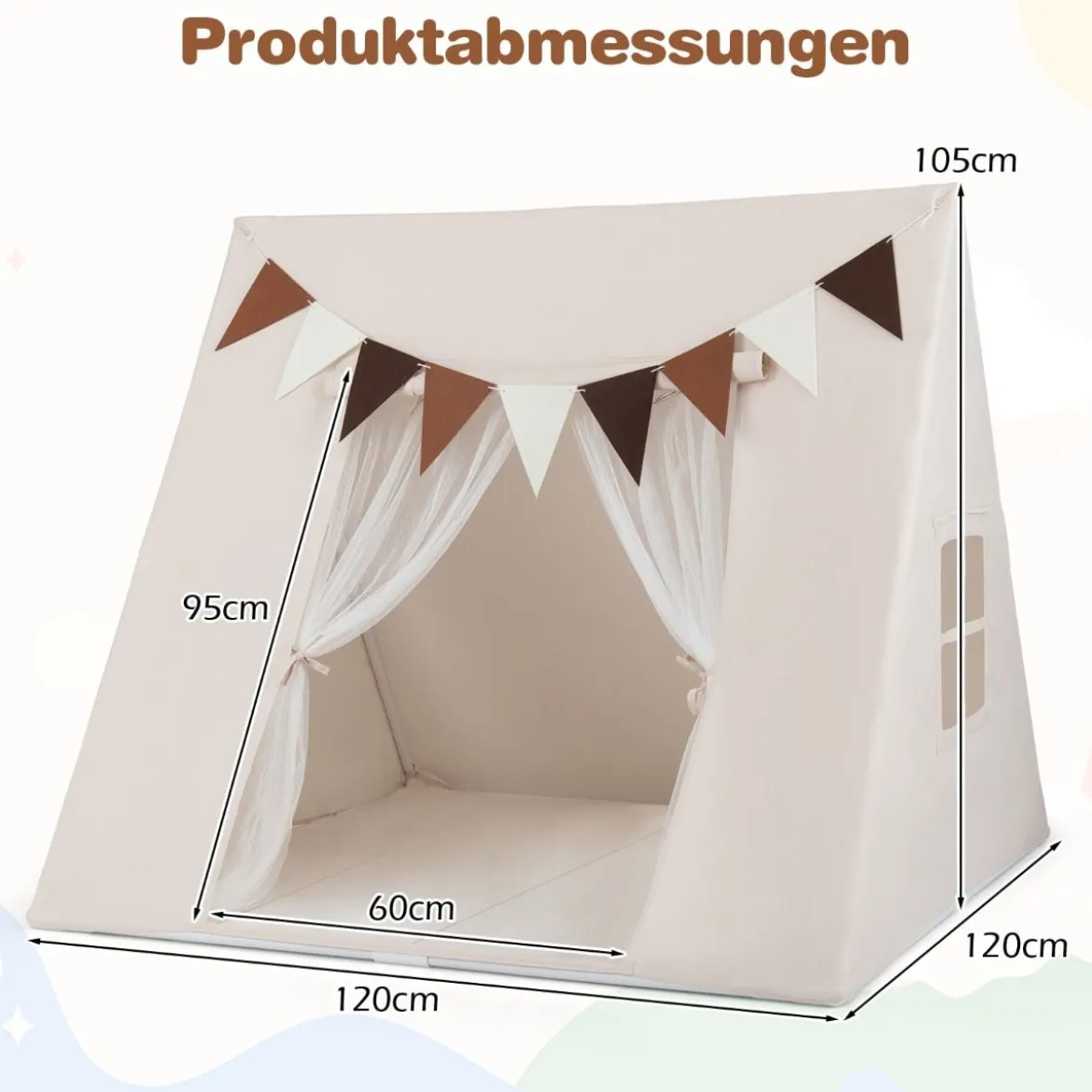 Indoor Kinder Spielzelt mit Waschbarer Gepolsterter Matte & Bunte Fahnen Schlafzelt